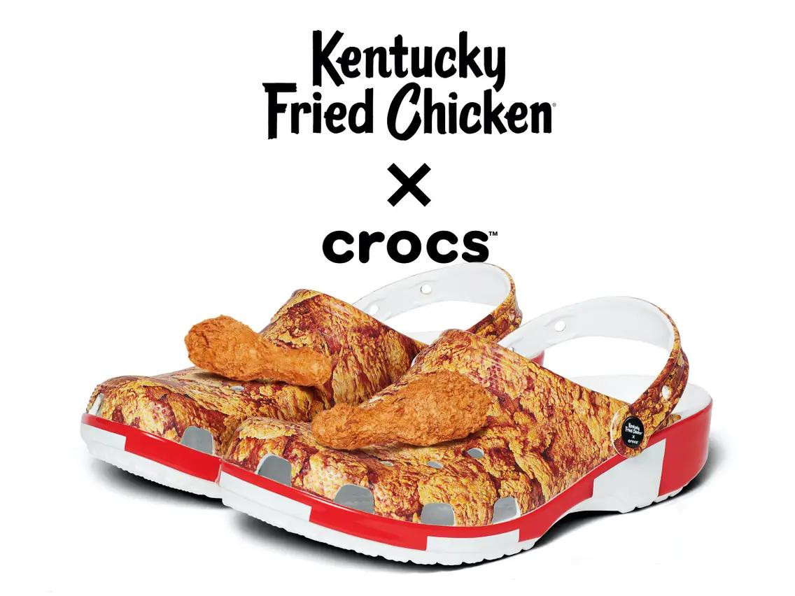 The KFC x crocs footwear collaboration. The crocs shoes feature designs of KFC chicken on the upper and vamp part of the shoe